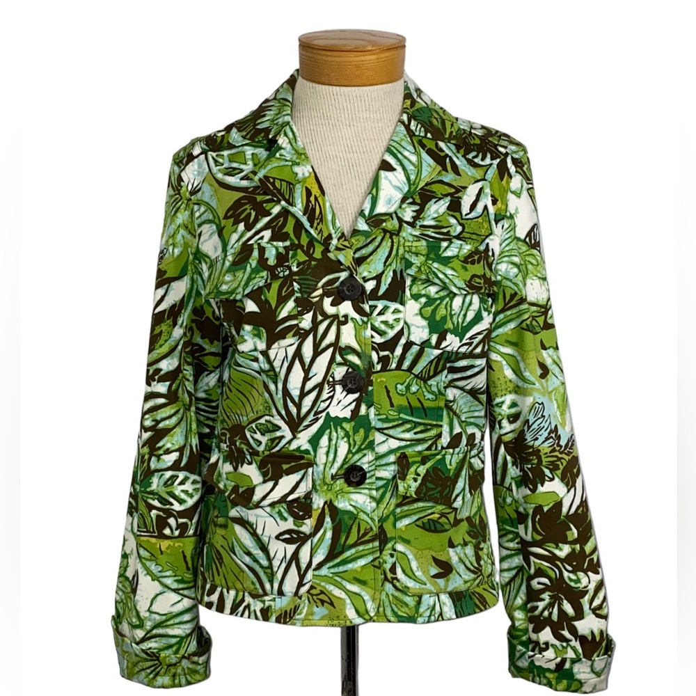 Maggie London Sz6 Green Brown Leaf Print Jacket
